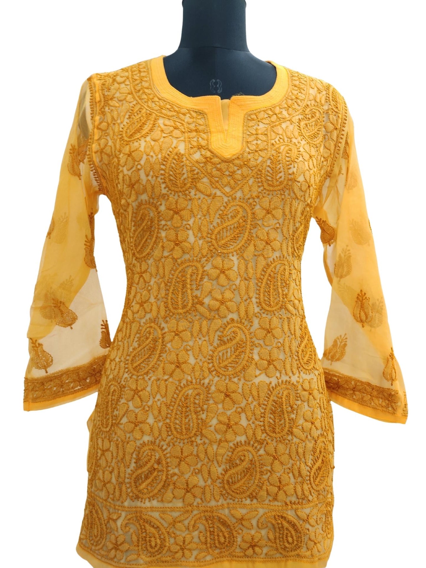 Shyamal Chikan Hand Embroidered Mustard Yellow Georgette Lucknowi Chikankari Short Top- S15693 
