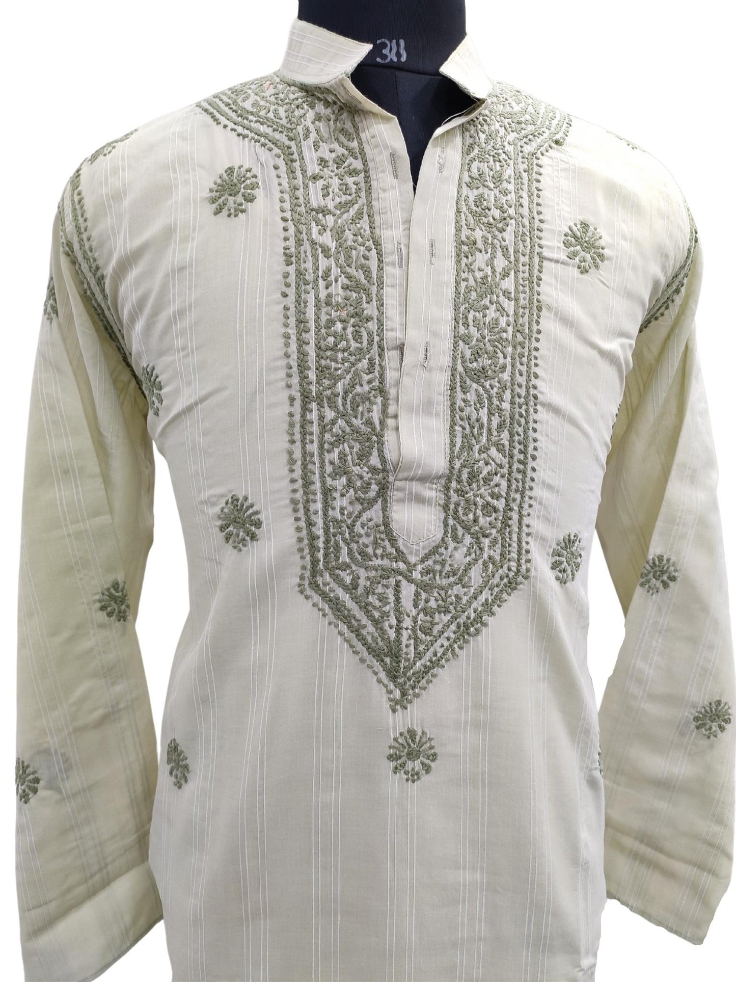 Shyamal Chikan Hand Embroidered Green Cotton Lucknowi Chikankari Men's Kurta – S17244