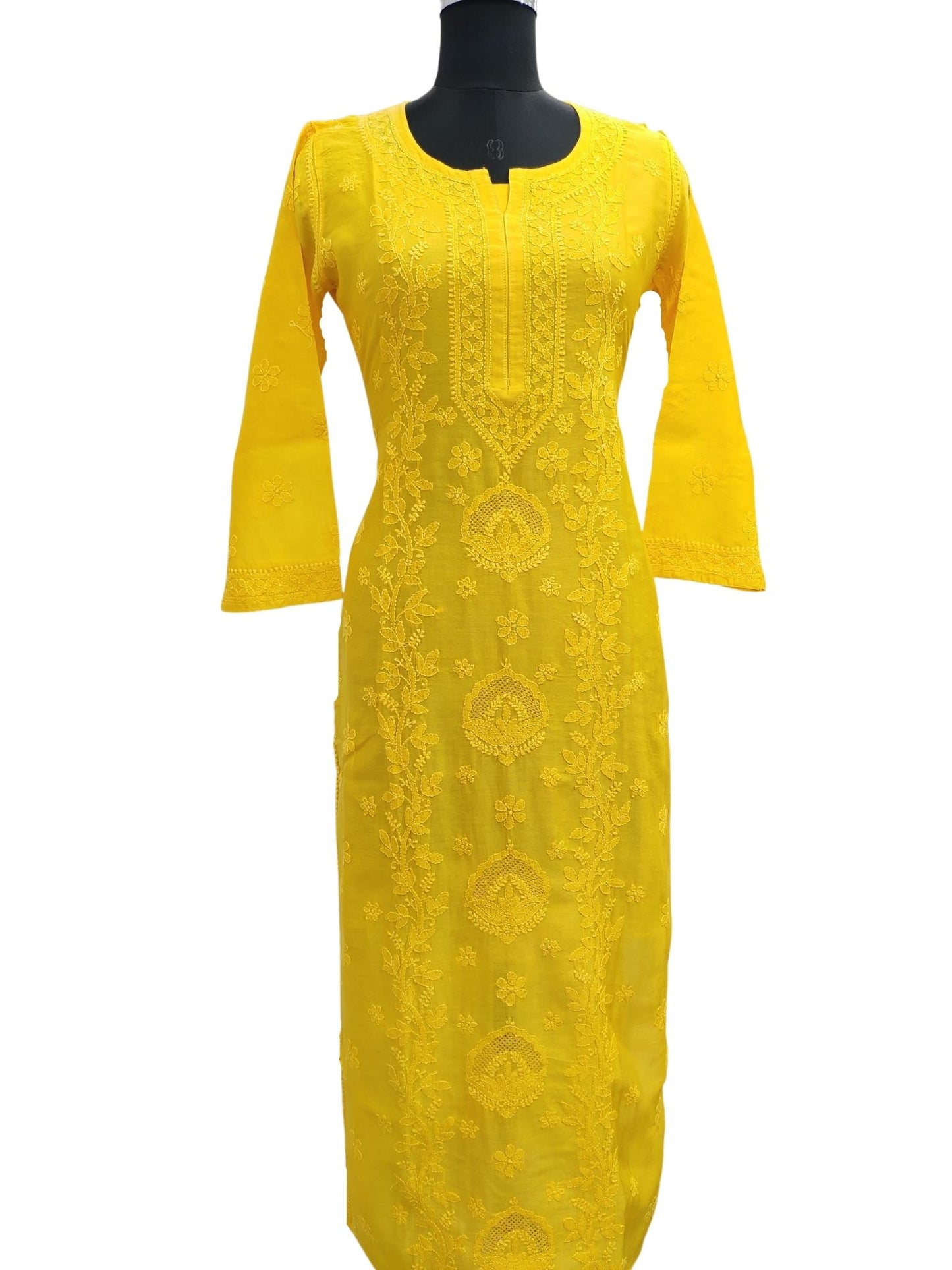 Shyamal Chikan Hand Embroidered Yellow Chanderi Silk Lucknowi Chikankari Kurti - S16744