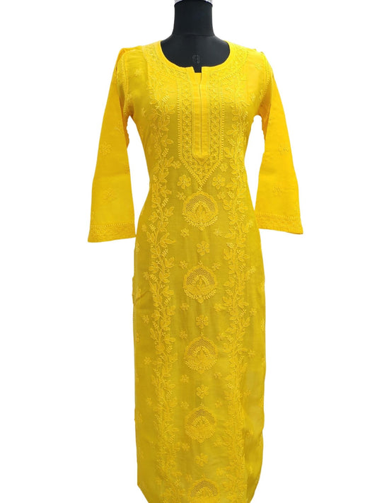 House of Oudh Hand Embroidered Lucknowi Chikankari Cotton Heavy Jaal Yellow  Kurti