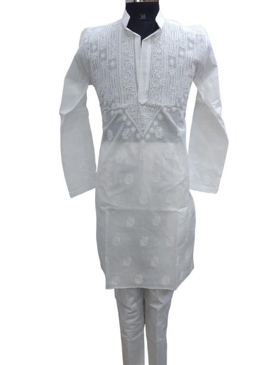 Shyamal Chikan Hand Embroidered White Cotton Lucknowi Chikankari Men's Kurta – S7279