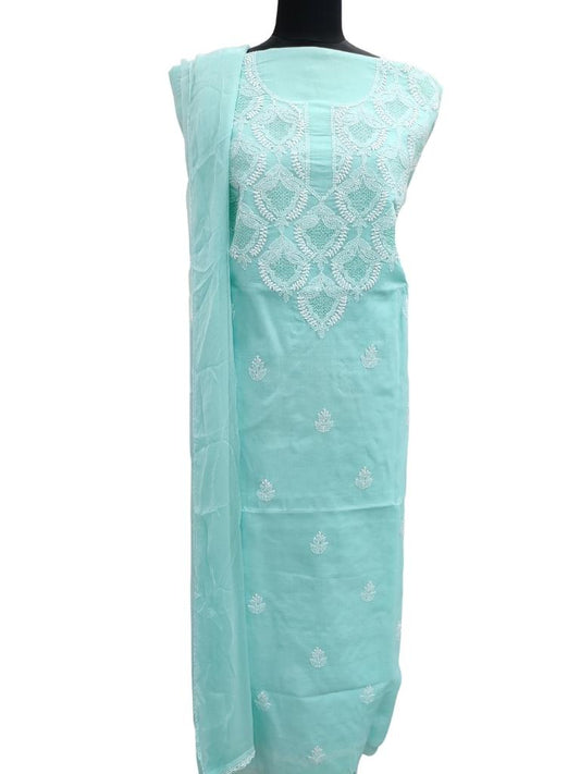 Shyamal Chikan Hand Embroidered Sea Green Cotton Lucknowi Chikankari Unstitched Suit Piece With Jaali Work - S14339