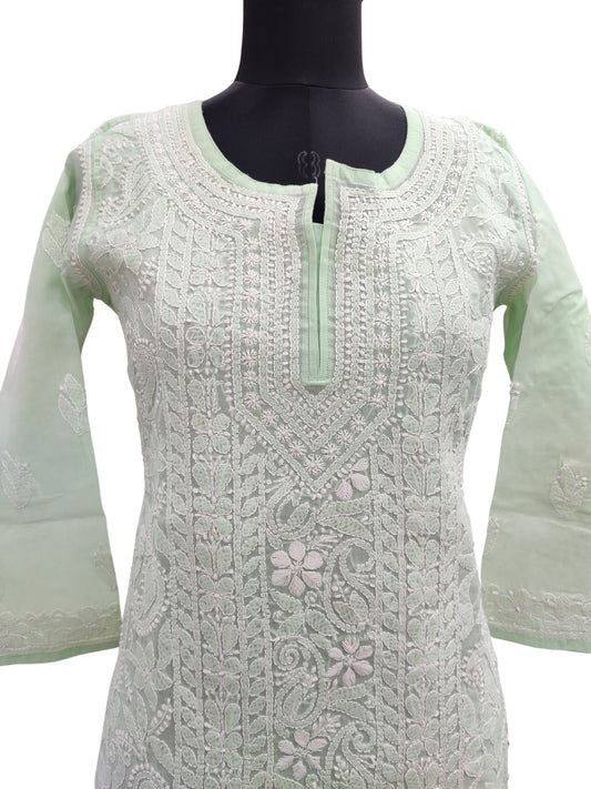Shyamal Chikan Hand Embroidered Pista Green Cotton All-Over Lucknowi Chikankari Short Top - S16478