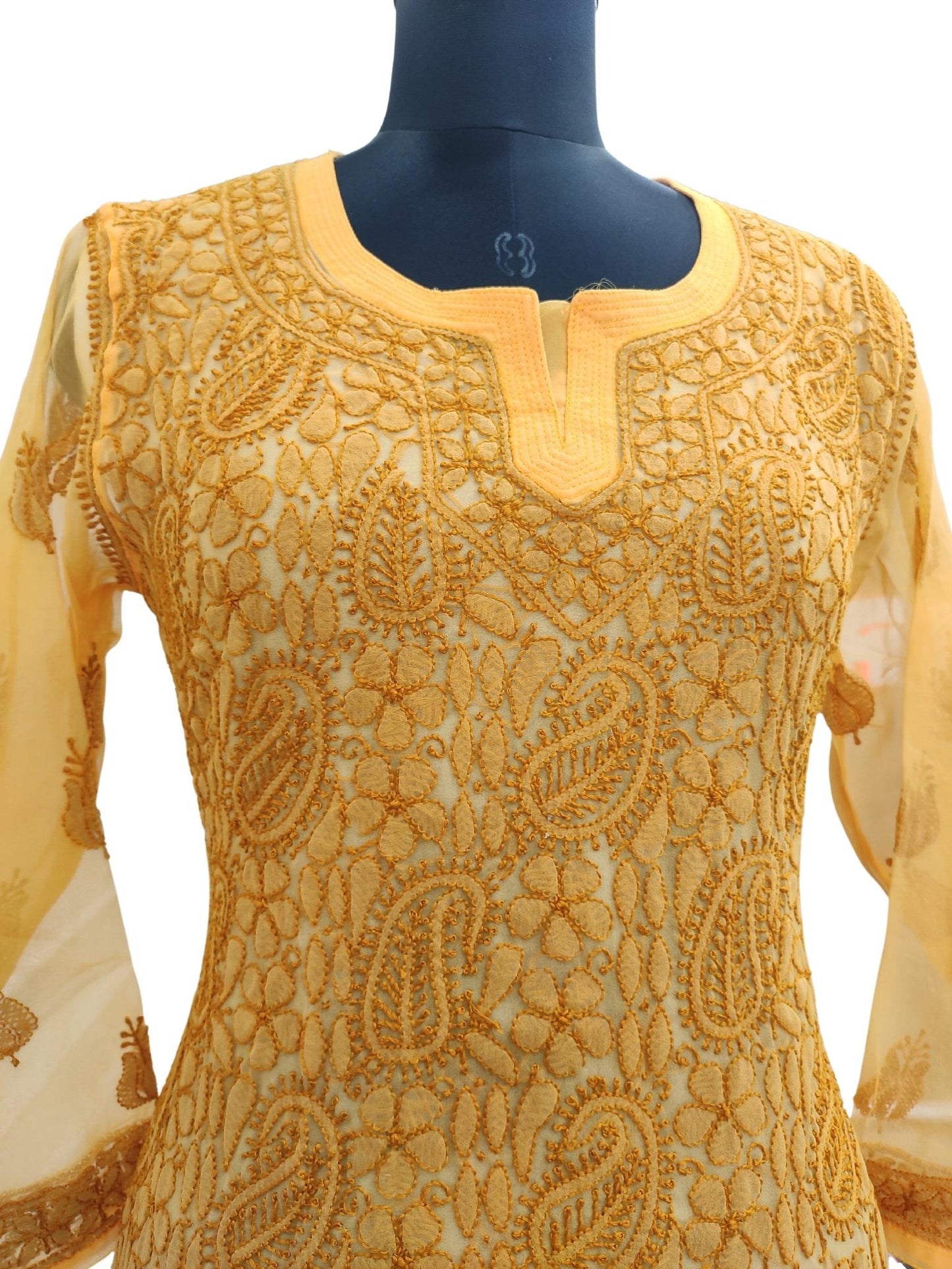 Shyamal Chikan Hand Embroidered Mustard Yellow Georgette Lucknowi Chikankari Short Top- S15693