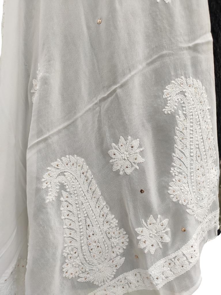 Shyamal Chikan Hand Embroidered White Viscose Georgette Lucknowi Chikankari Dupatta With Mukaish Work - S15243