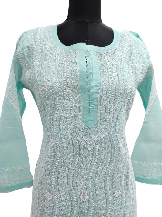 Shyamal Chikan Hand Embroidered Sea Green Cotton Lucknowi Chikankari Kurti- S14543