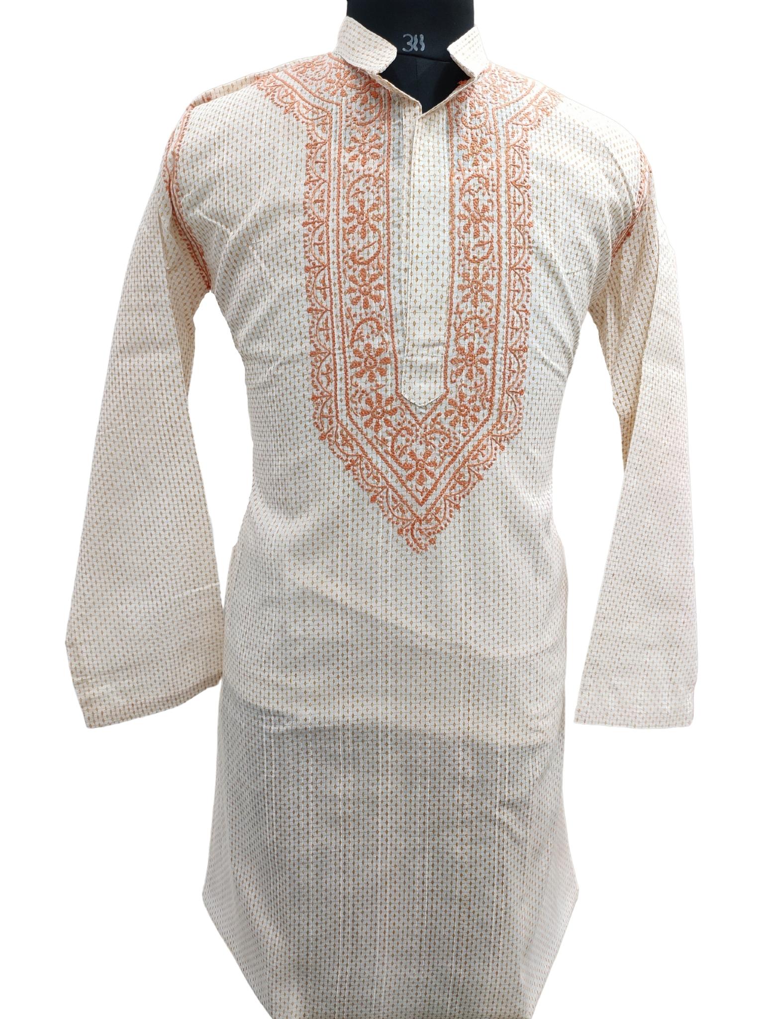 Shyamal Chikan Hand Embroidered White Cotton Lucknowi Chikankari Men's Kurta – S17306