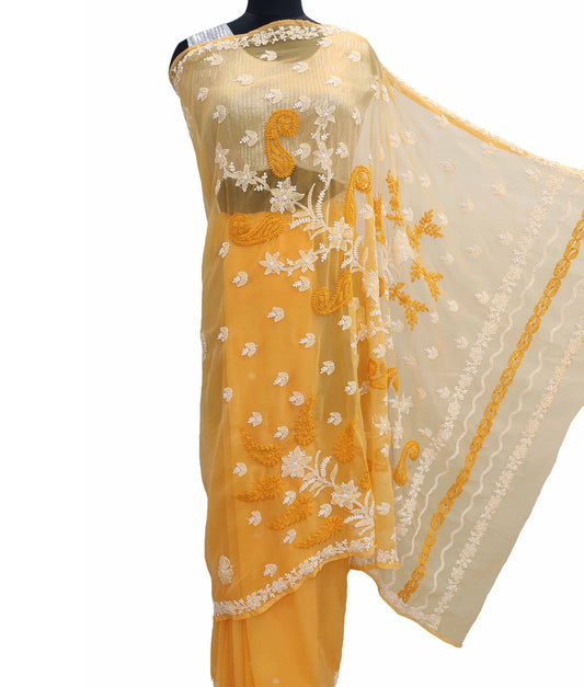 Shyamal Chikan Hand Embroidered Yellow Georgette Lucknowi Chikankari Saree With Blouse Piece - S11317