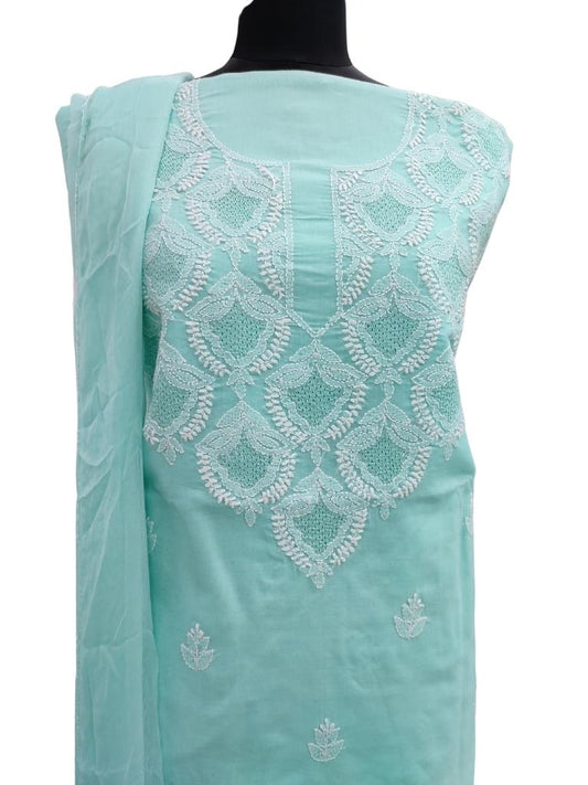 Shyamal Chikan Hand Embroidered Sea Green Cotton Lucknowi Chikankari Unstitched Suit Piece With Jaali Work - S14339