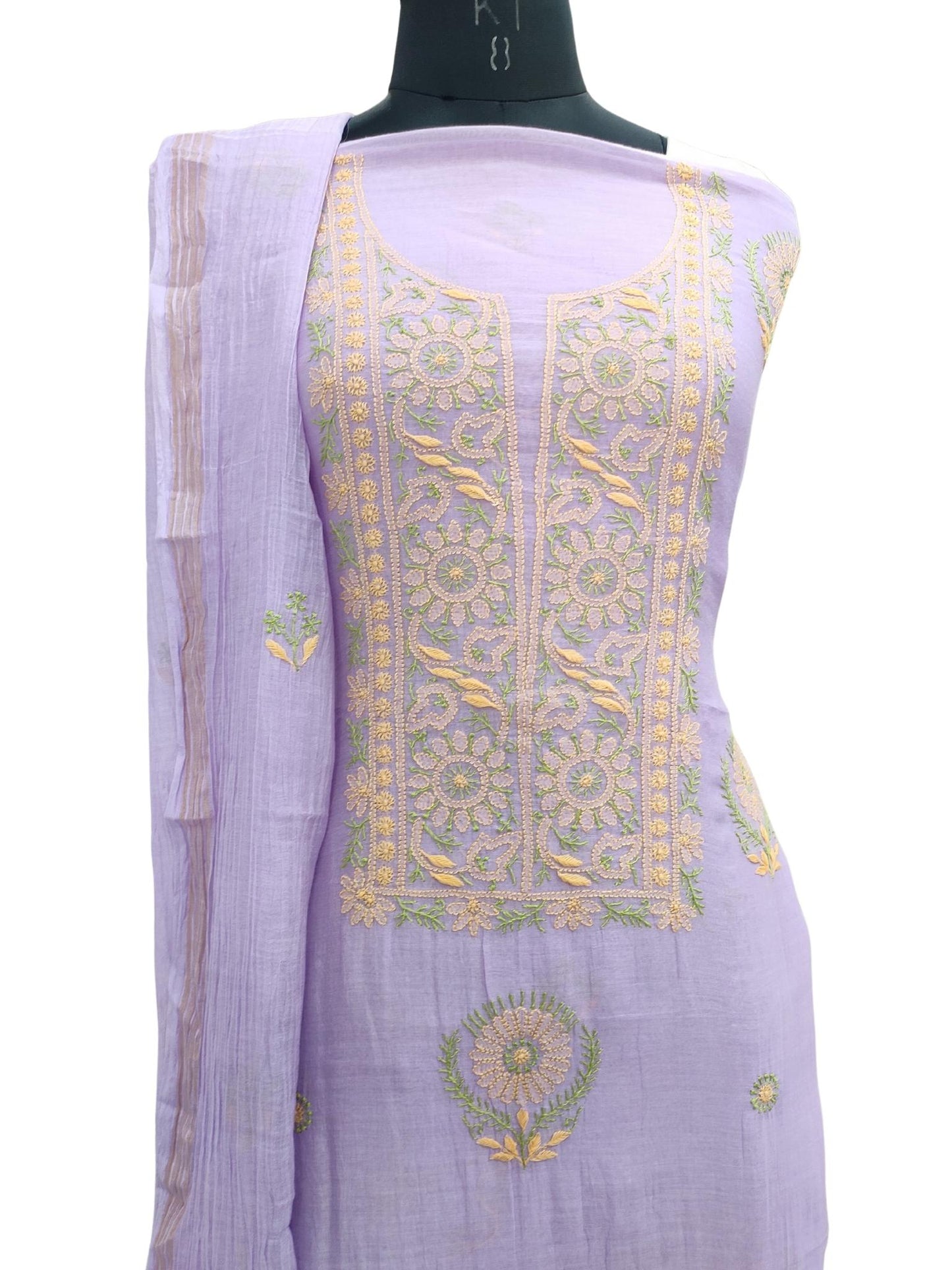 Shyamal Chikan Hand Embroidered Purple Mul Chanderi Lucknowi Chikankari Unstitched Embellised Suit Piece (Kurta Duptta Set) - S18657