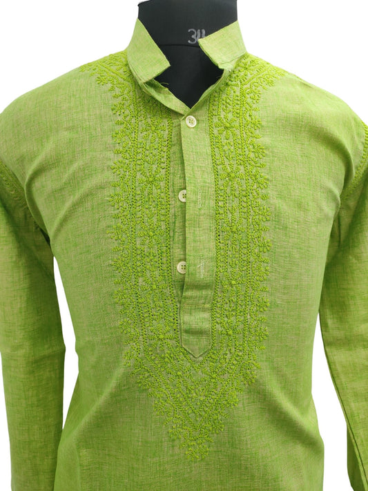 Shyamal Chikan Hand Embroidered Green Cotton Lucknowi Chikankari Men's Kurta – S12992