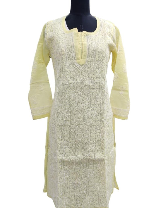 Shyamal Chikan Hand Embroidered Lemon Cotton Lucknowi Chikankari Kurti- S14514