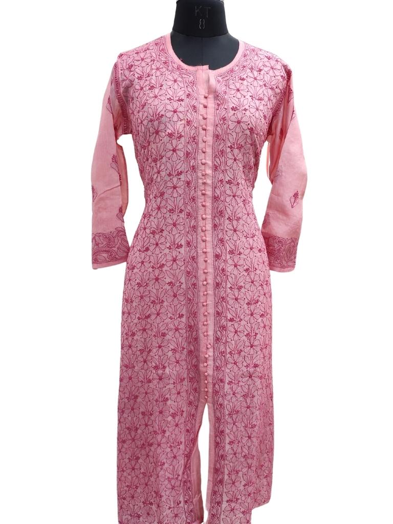 Shyamal Chikan Hand Embroidered Pink Pure Tusser Silk Lucknowi Chikankari Kurti- S14893