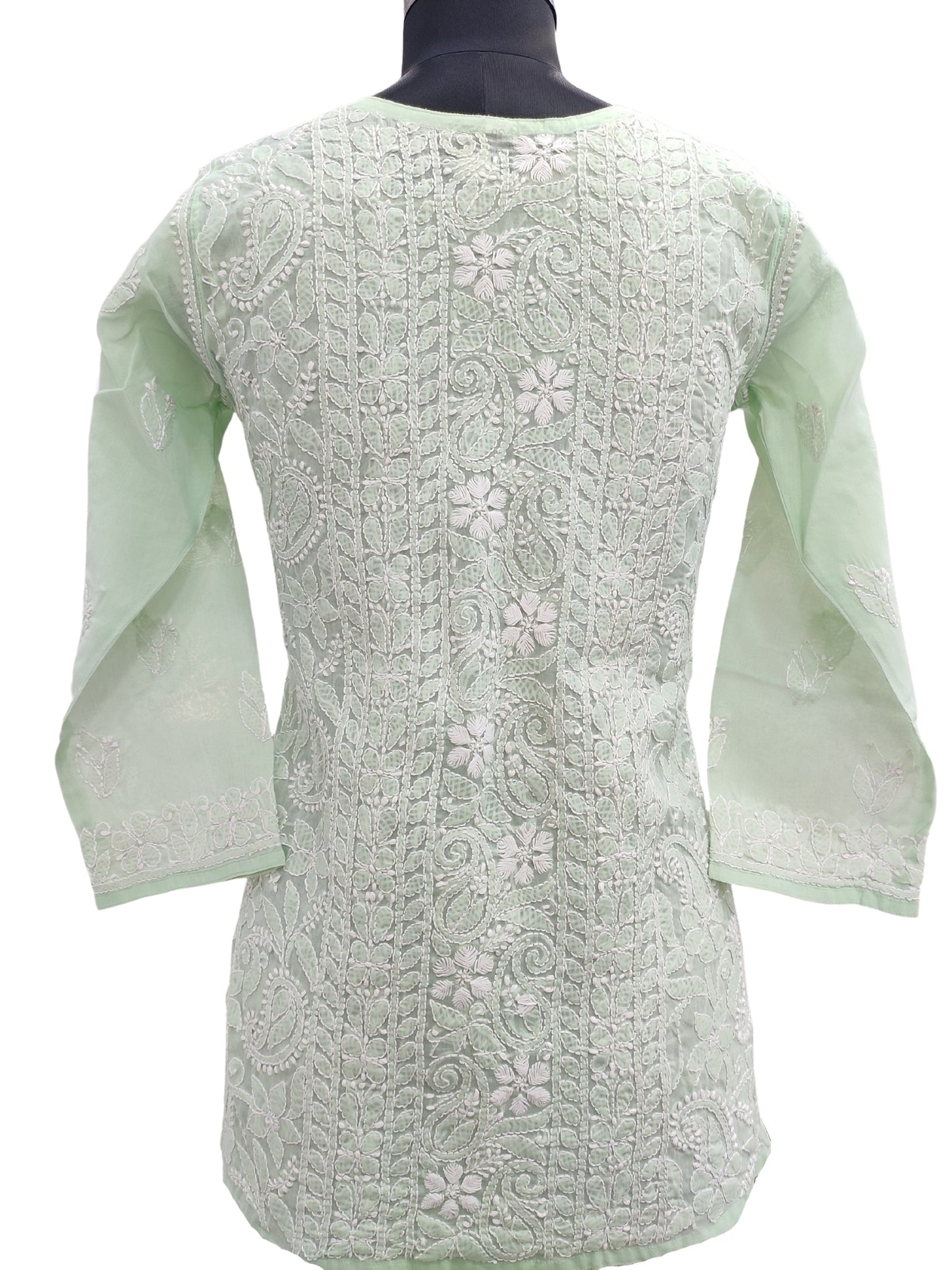 Shyamal Chikan Hand Embroidered Pista Green Cotton All-Over Lucknowi Chikankari Short Top - S16478