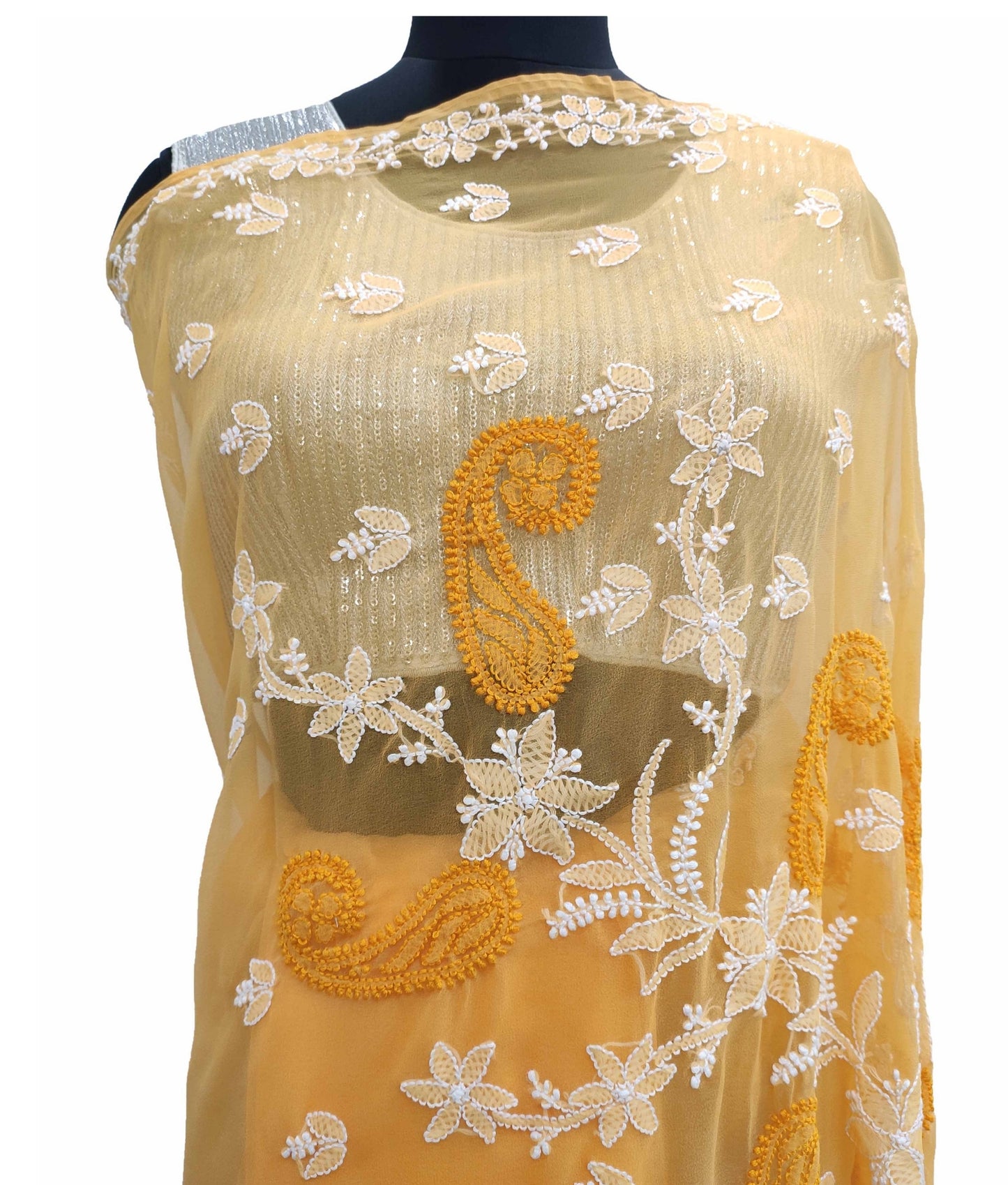 Shyamal Chikan Hand Embroidered Yellow Georgette Lucknowi Chikankari Saree With Blouse Piece - S11317
