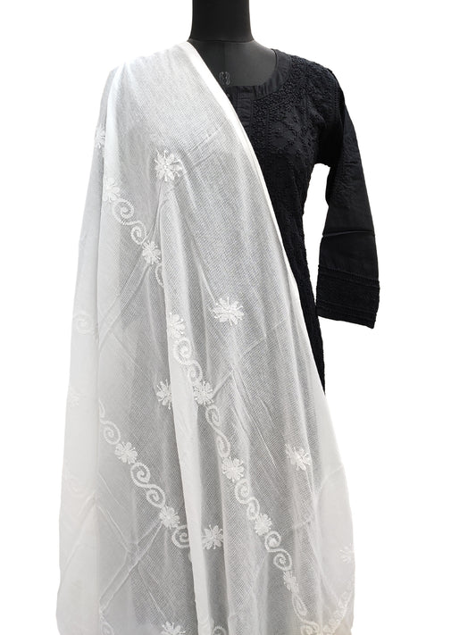 Shyamal Chikan Hand Embroidered White Kota Cotton Lucknowi Chikankari Dupatta - S12703