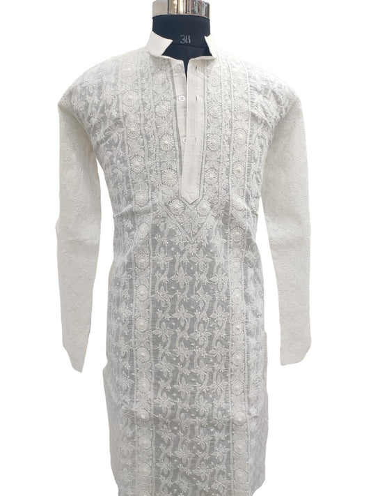 Shyamal Chikan Hand Embroidered White Cotton Lucknowi Chikankari All-Over Men's Kurta – S13142