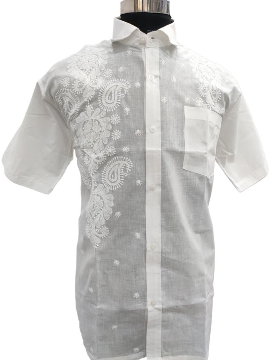 Shyamal Chikan Hand Embroidered White Cotton Lucknowi Chikankari Men's Shirt – S13413