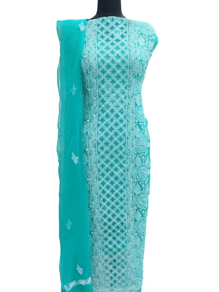 Shyamal Chikan Hand Embroidered Green Georgette Lucknowi Chikankari Unstitched Suit Piece - S14294
