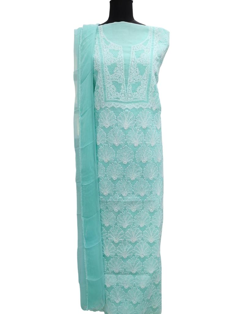 Shyamal Chikan Hand Embroidered Sea Green Cotton Lucknowi Chikankari Unstitched Suit Piece- S14573