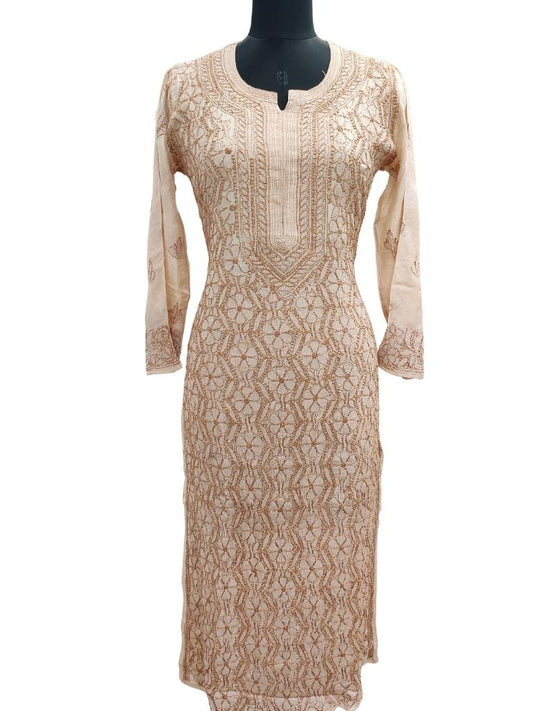 Shyamal Chikan Hand Embroidered Beige Pure Tusser Silk Lucknowi Chikankari Kurti- S14879