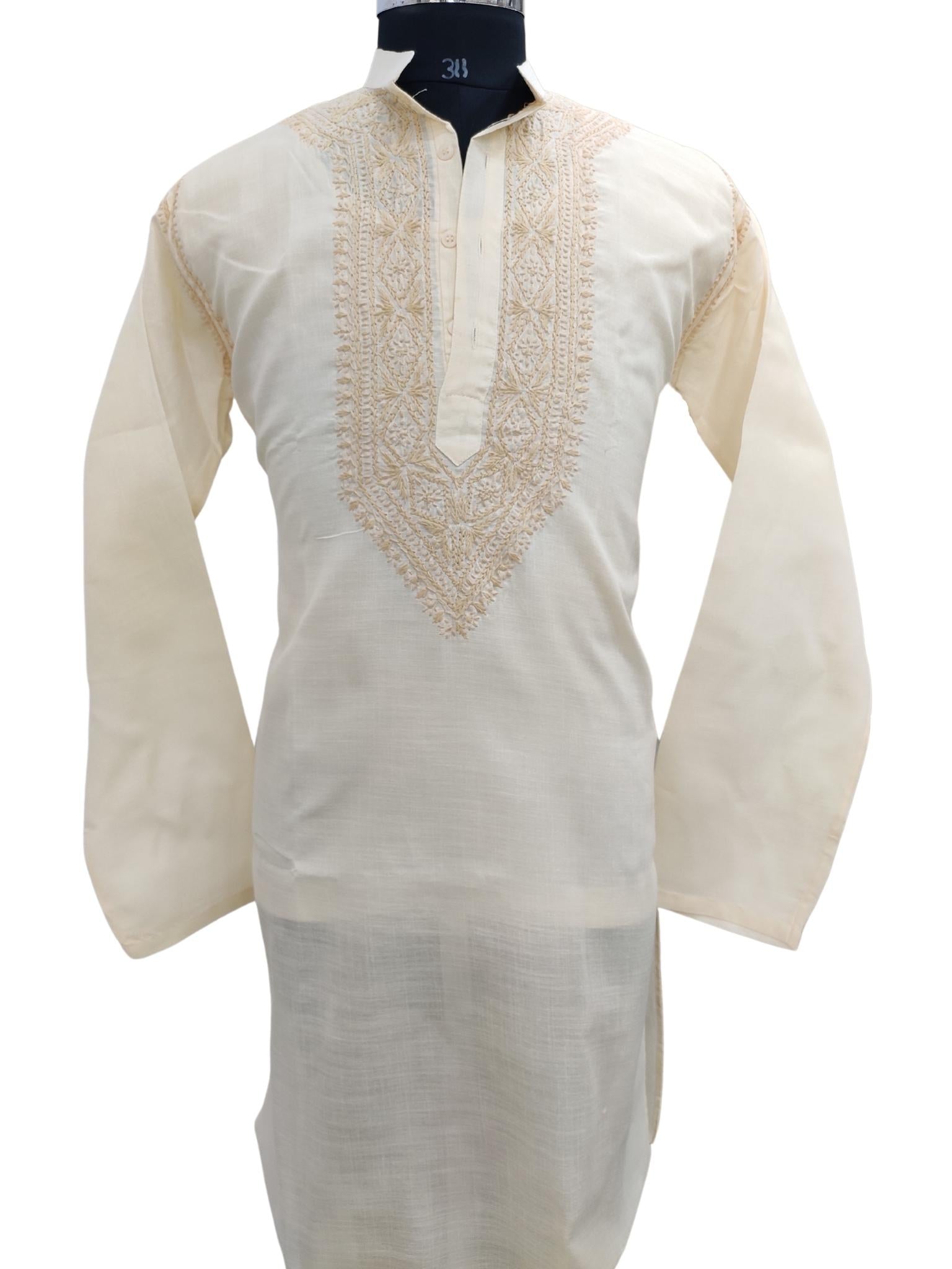 Shyamal Chikan Hand Embroidered Fawn Cotton Lucknowi Chikankari Men's Kurta – S17035