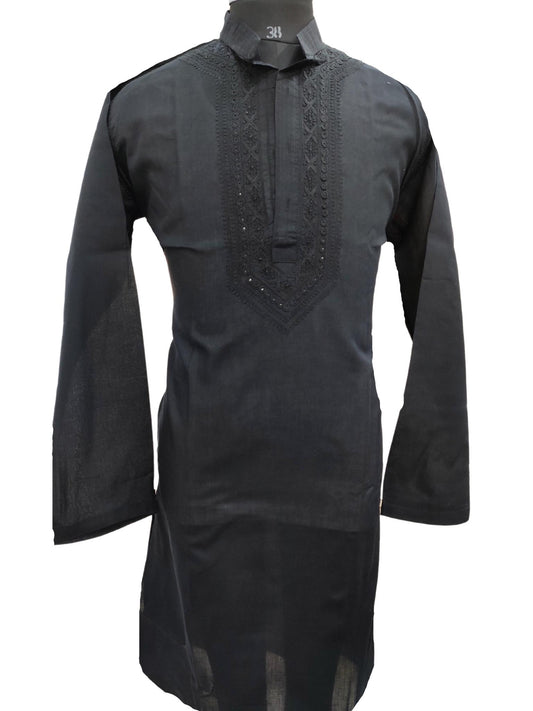 Shyamal Chikan Hand Embroidered Black Cotton Lucknowi Chikankari Men's Kurta – S17282