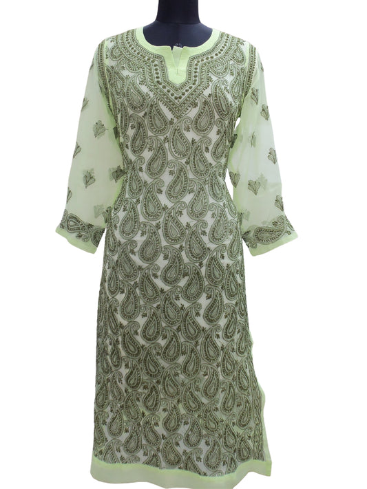 Shyamal Chikan Hand Embroidered Green Georgette Lucknowi Chikankari All-Over Kurti - S3589