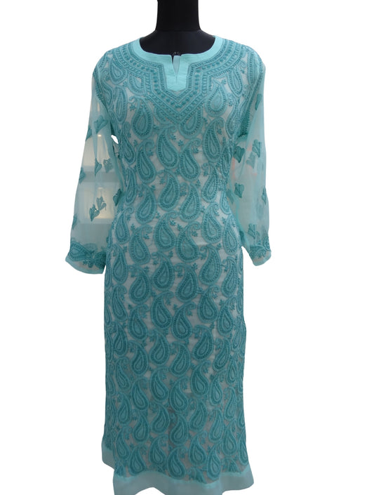 Shyamal Chikan Hand Embroidered Sea Green Georgette Lucknowi Chikankari All-Over Kurti - S3591