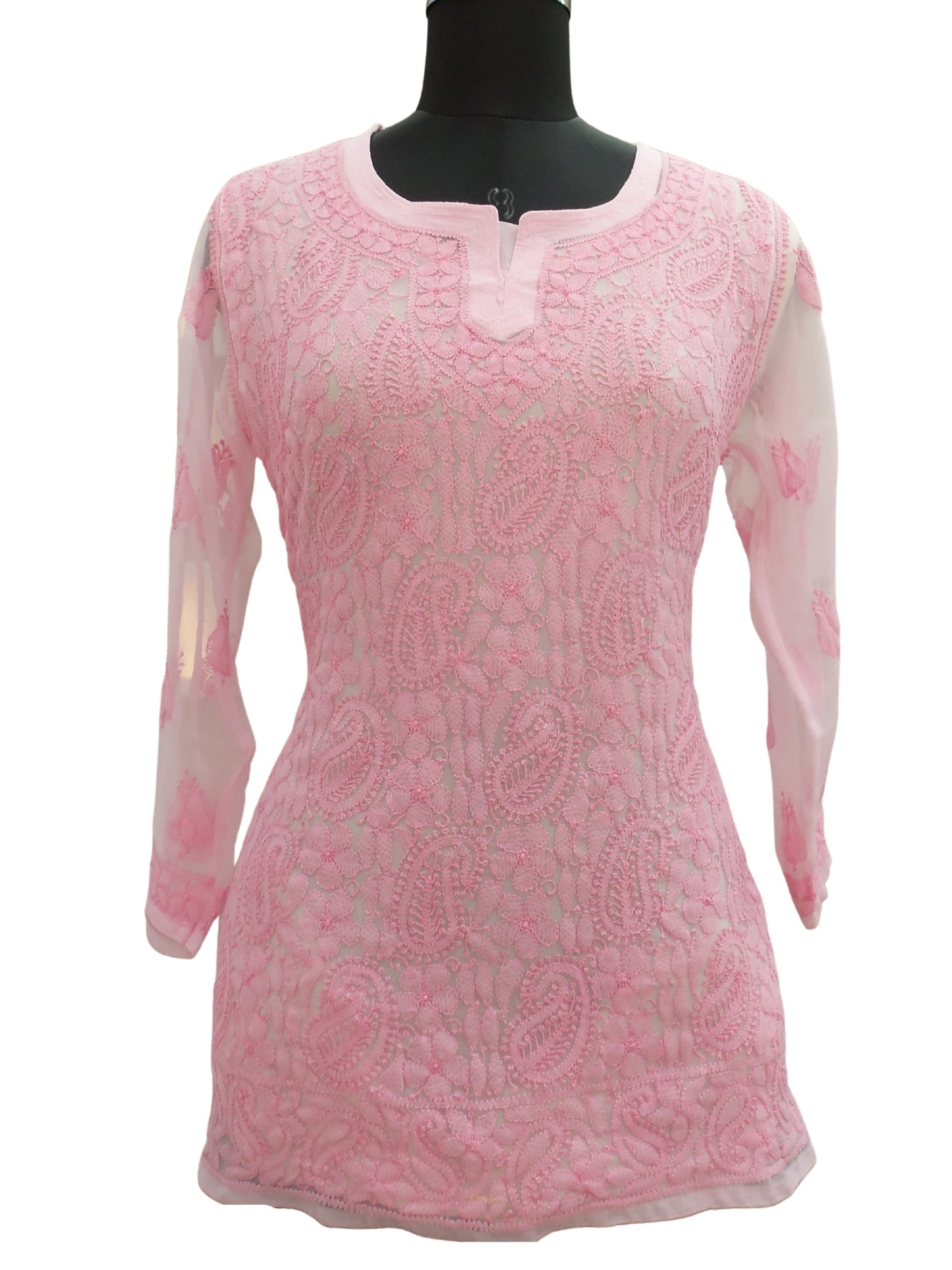 Shyamal Chikan Hand Embroidered Pink Georgette Lucknowi Chikankari Short Top- S4331