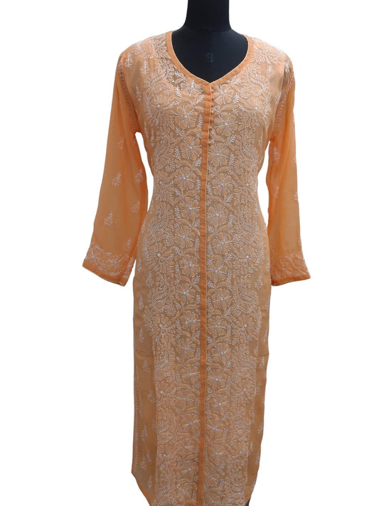 Shyamal Chikan Hand Embroidered Peach Georgette Lucknowi Chikankari Kurti - S8161