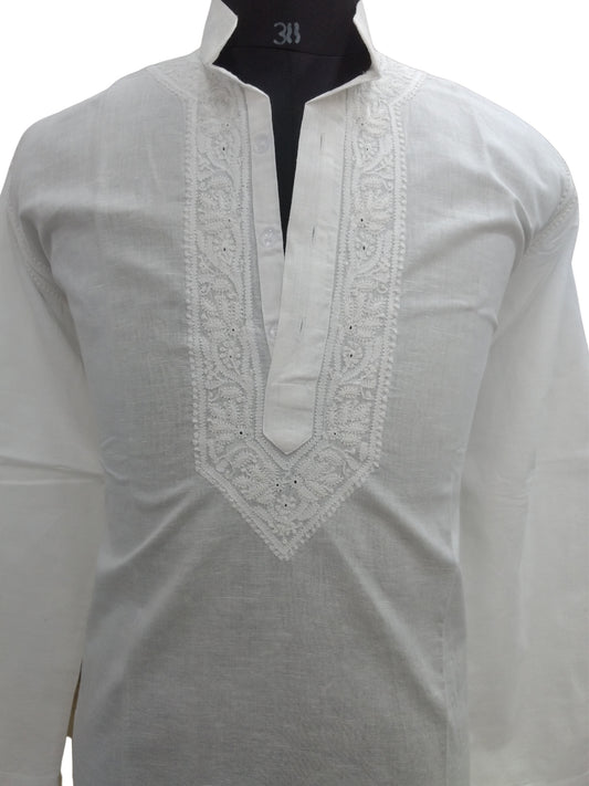 Shyamal Chikan Hand Embroidered White Pure Lenin Cotton Lucknowi Chikankari Men's Kurta – S6741