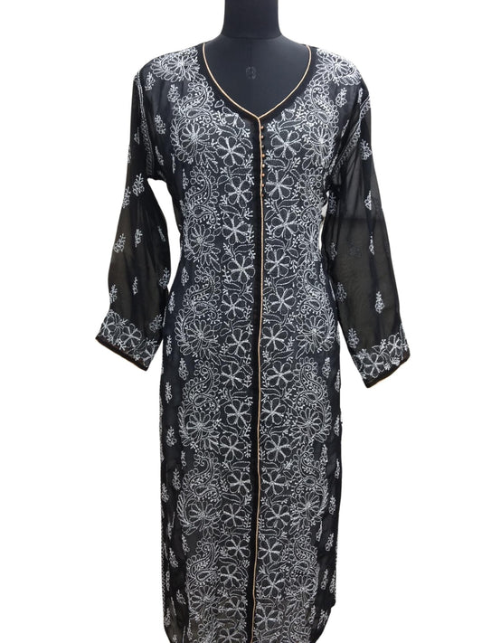 Shyamal Chikan Hand Embroidered Black Georgette Lucknowi Chikankari Kurti - S8165