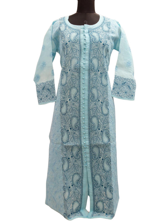 Shyamal Chikan Hand Embroidered Blue Cotton Lucknowi Chikankari Kurti- S1474