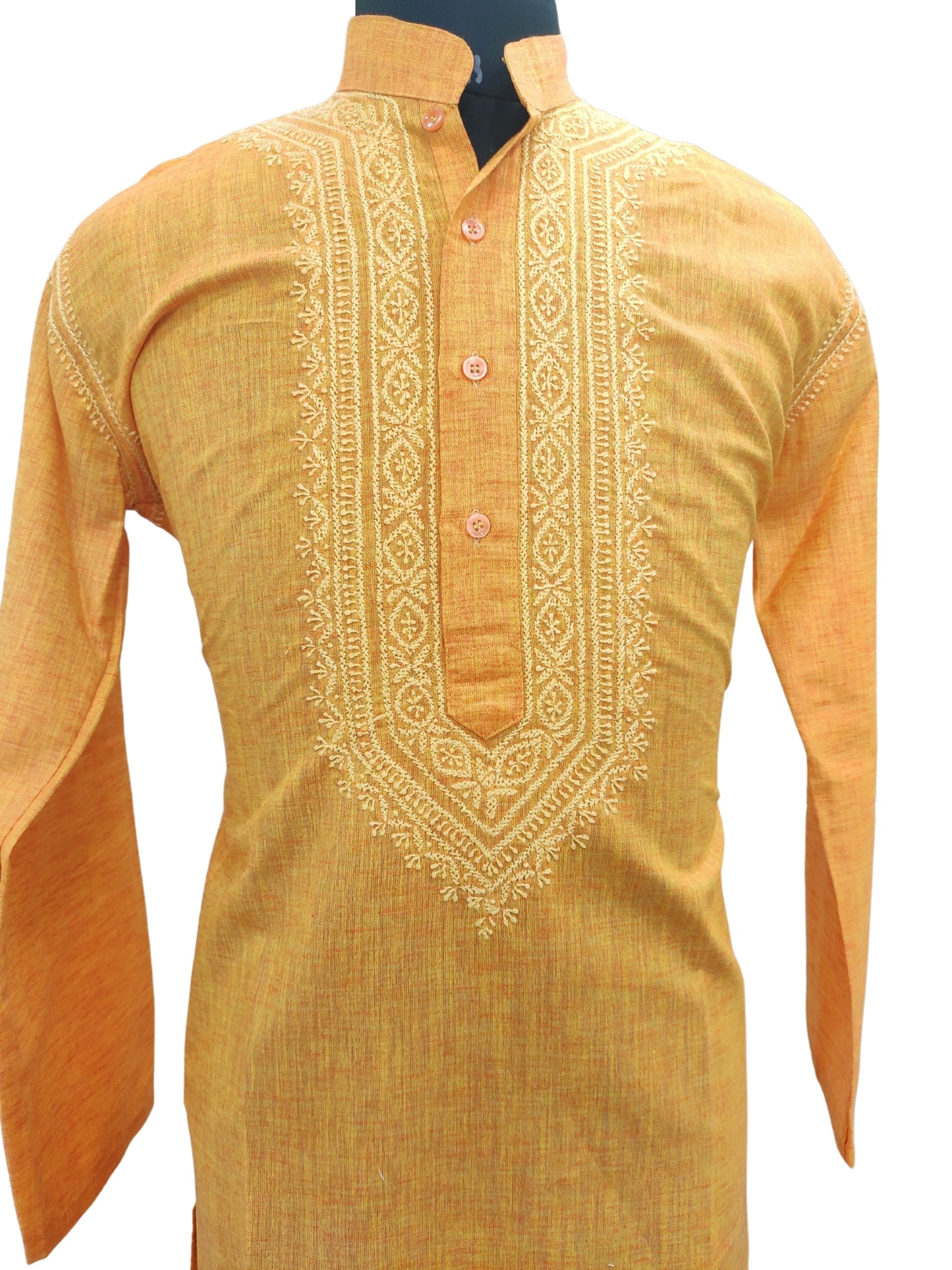 Shyamal Chikan Hand Embroidered Orange Cotton Lucknowi Chikankari Men's  Kurta – S11841