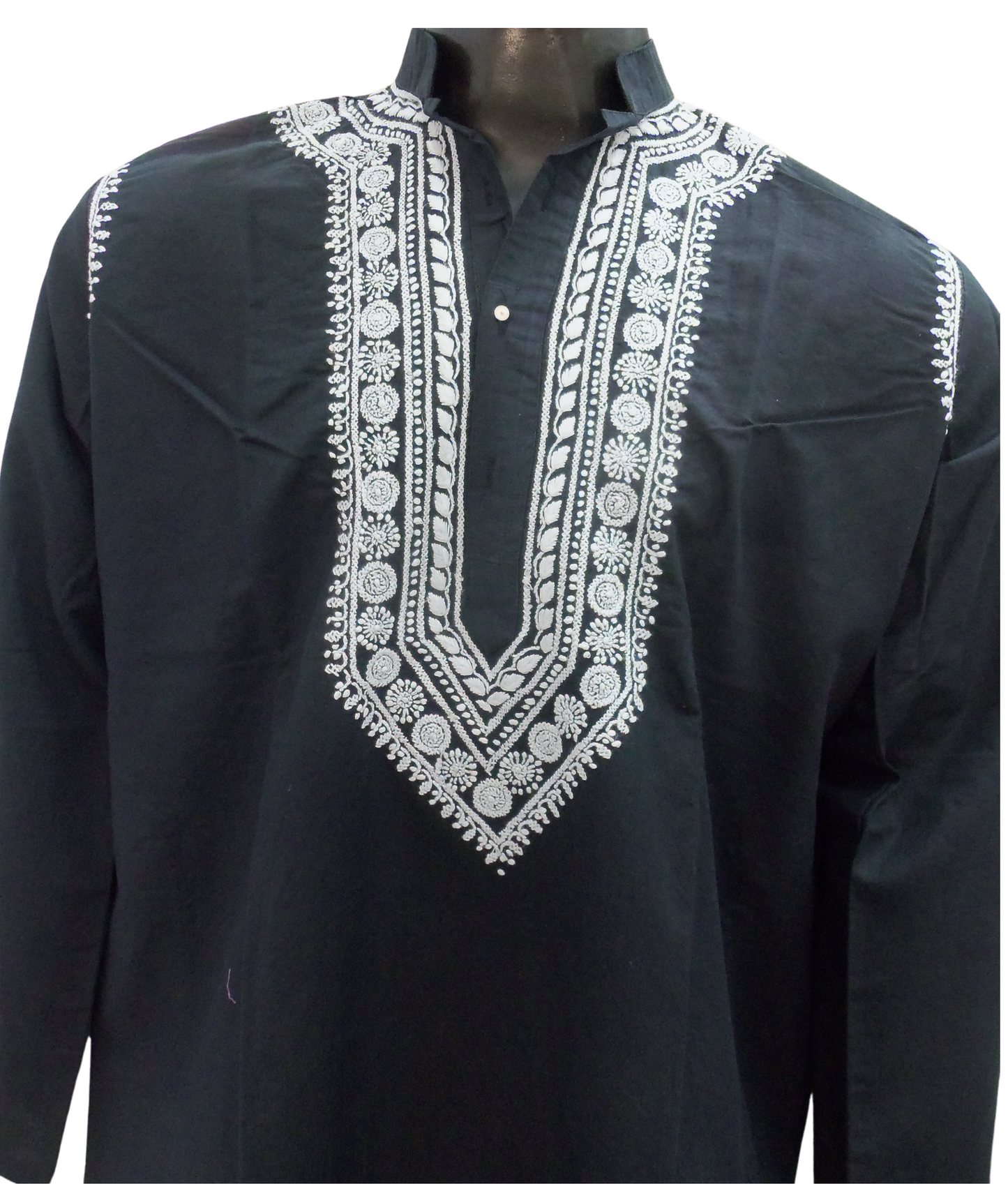 Shyamal Chikan Hand Embroidered Black Lenin Cotton Lucknowi Chikankari Men's Kurta – S1646