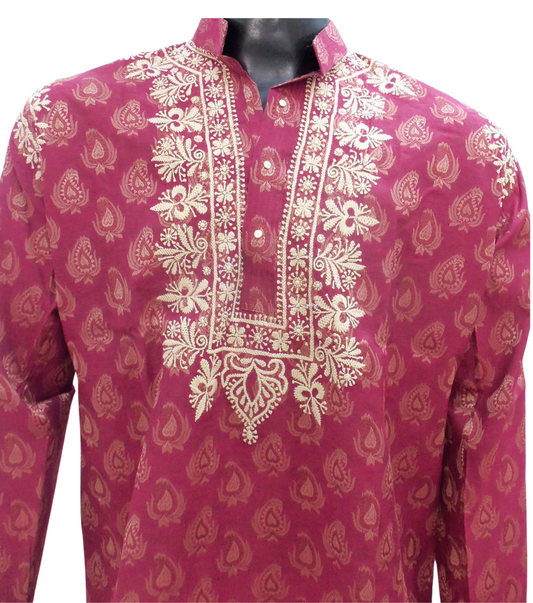 Shyamal Chikan Hand Embroidered Maroon Cotton Lucknowi Chikankari Men's Kurta – S1286
