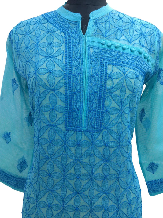 Shyamal Chikan Hand Embroidered Blue Kota Cotton Lucknowi Angrakha Pattern Chikankari Kurti- S6492