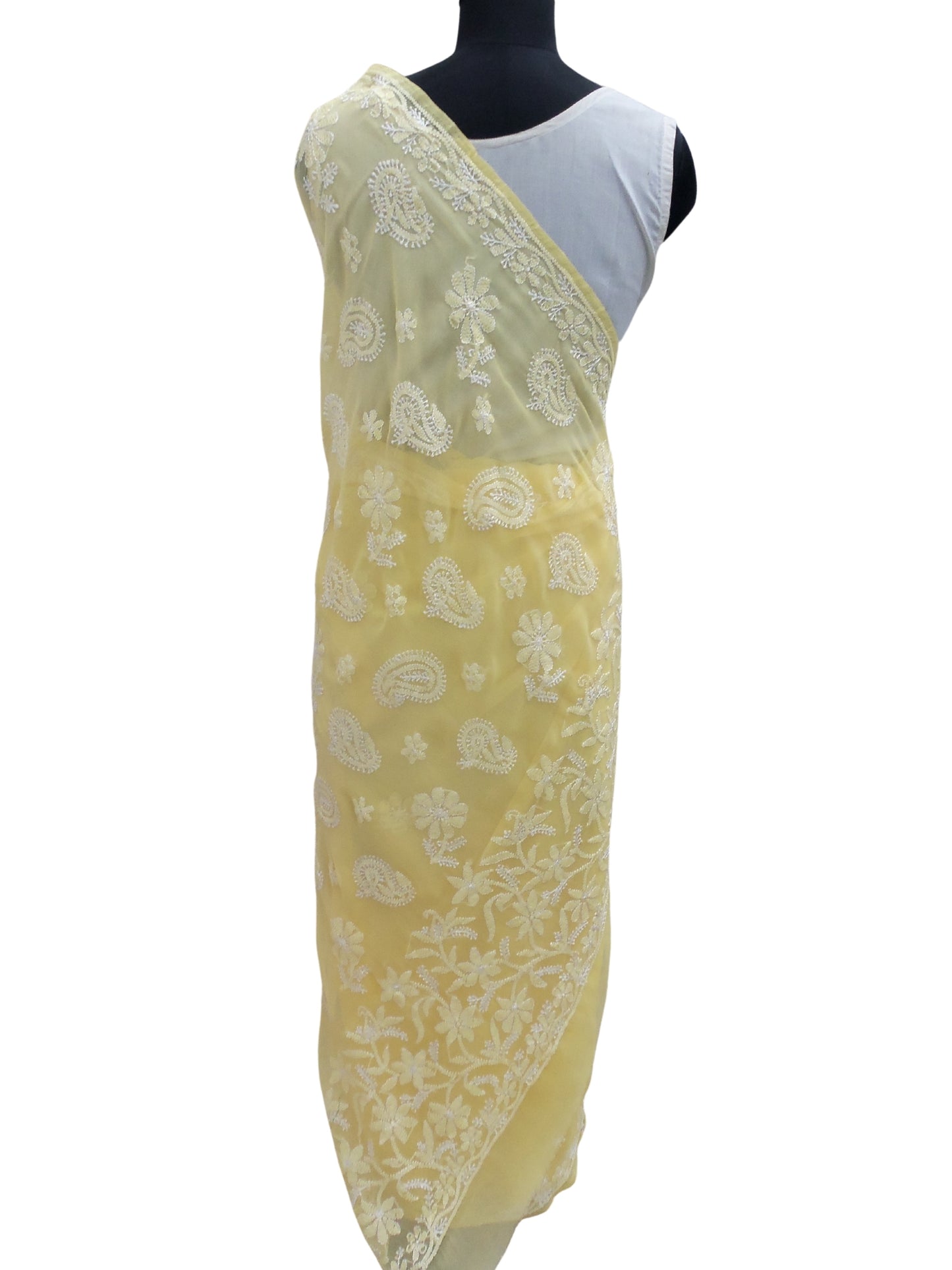 Shyamal Chikan Hand Embroidered Lemon Yellow Georgette Lucknowi Chikankari Saree With Blouse Piece - S4211