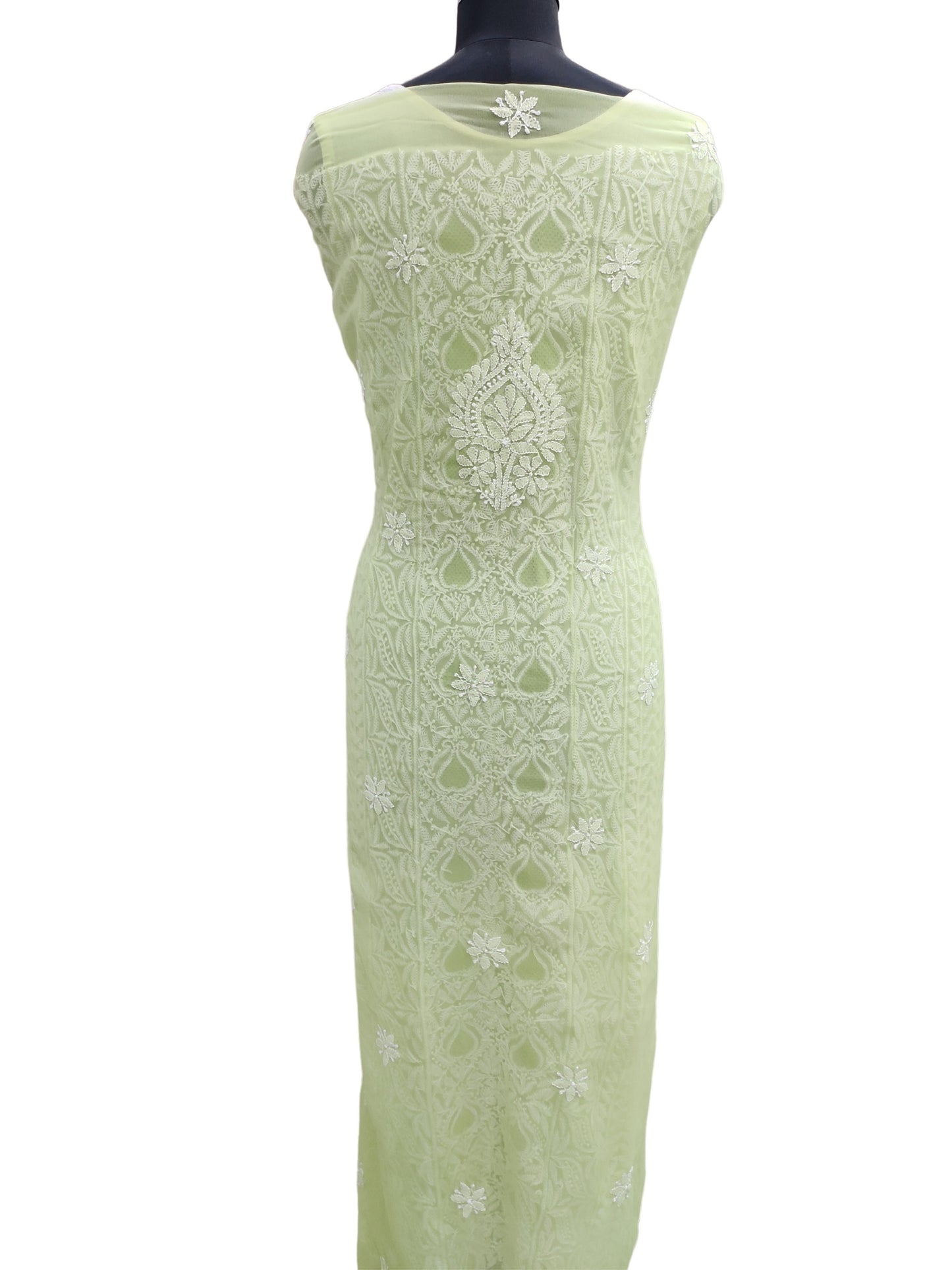 Shyamal Chikan Hand Embroidered Mint Green Georgette Lucknowi Chikankari Unstitched Suit Piece With Jaali Work - S10702