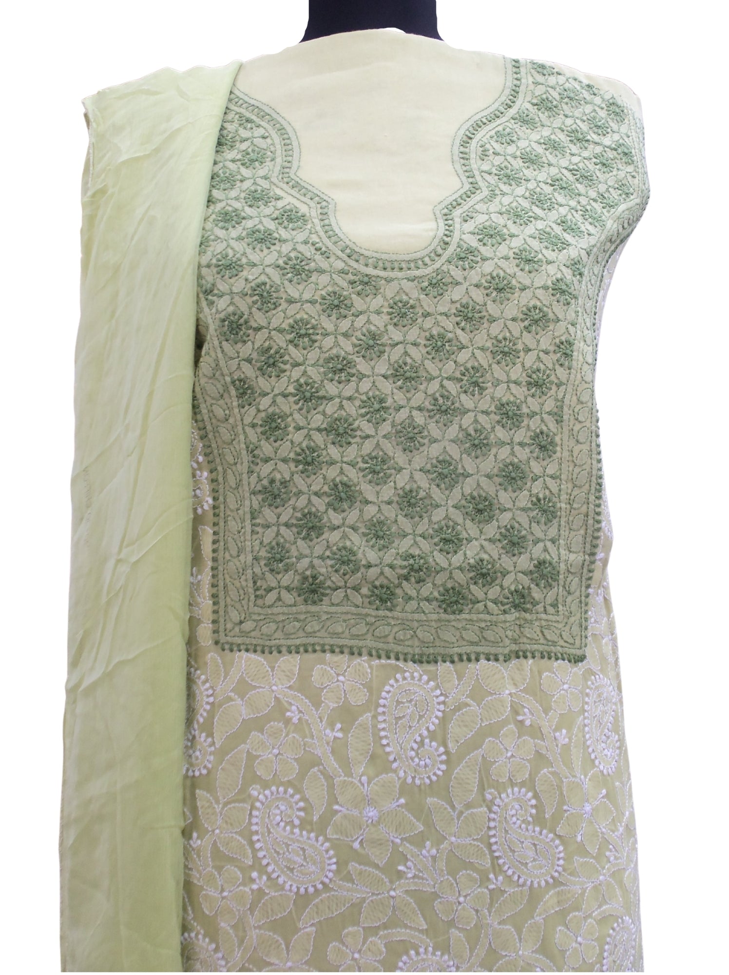 Shyamal Chikan Hand Embroidered Green Cotton Lucknowi Chikankari Unstitched Suit Piece - S644 - Shyamal Chikan