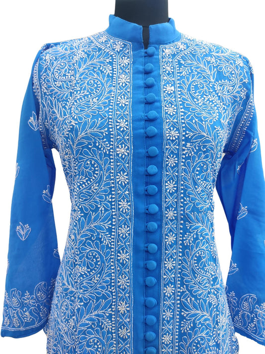 Shyamal Chikan Hand Embroidered Blue Georgette Lucknowi Chikankari Kurti - S9796