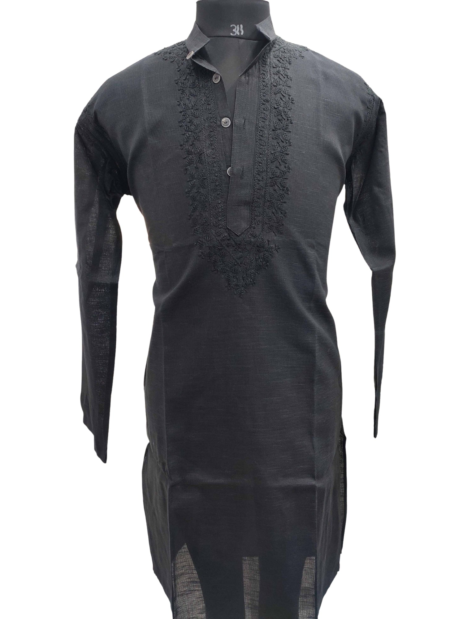 Shyamal Chikan Hand Embroidered Black Cotton Lucknowi Chikankari Men's Kurta – S11857