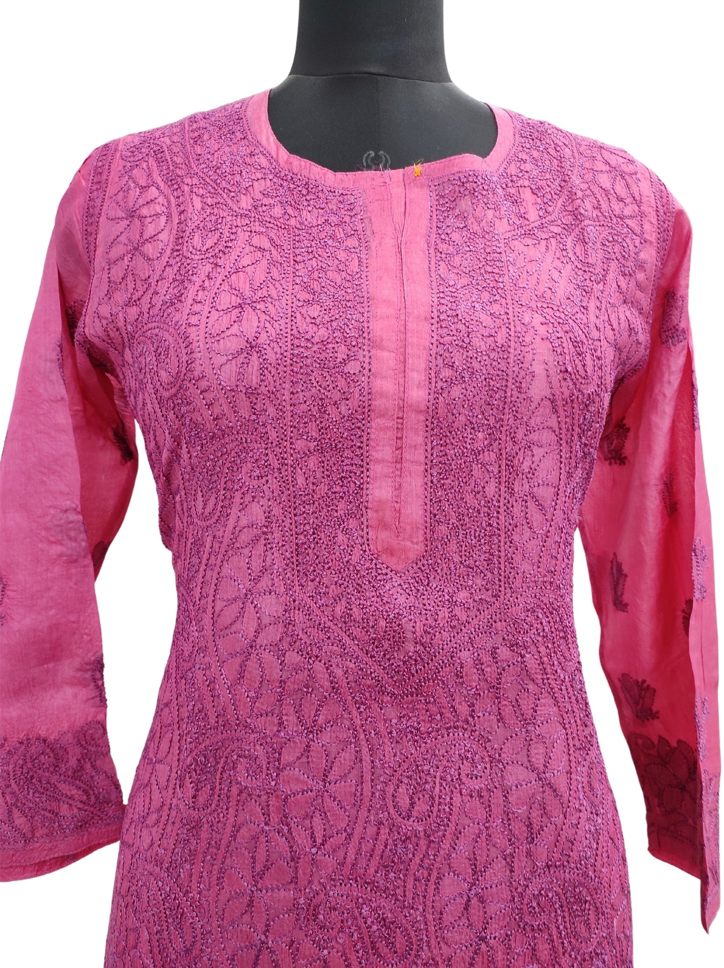 Shyamal Chikan Hand Embroidered Pink Pure Tusser Silk Lucknowi Chikankari Kurti- S12666