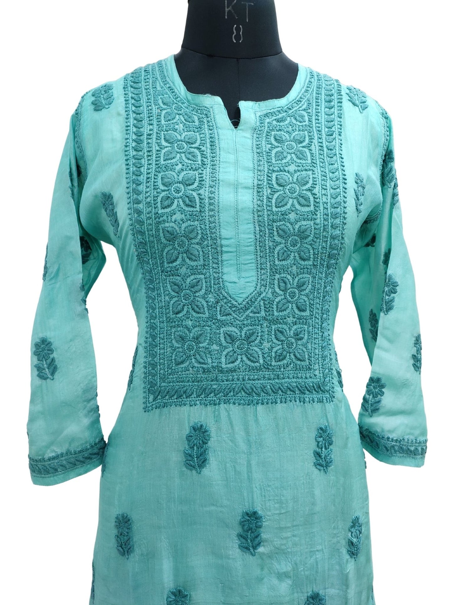 Shyamal Chikan Hand Embroidered Sea Green Pure Tusser Silk Lucknowi Chikankari Kurti- S18787