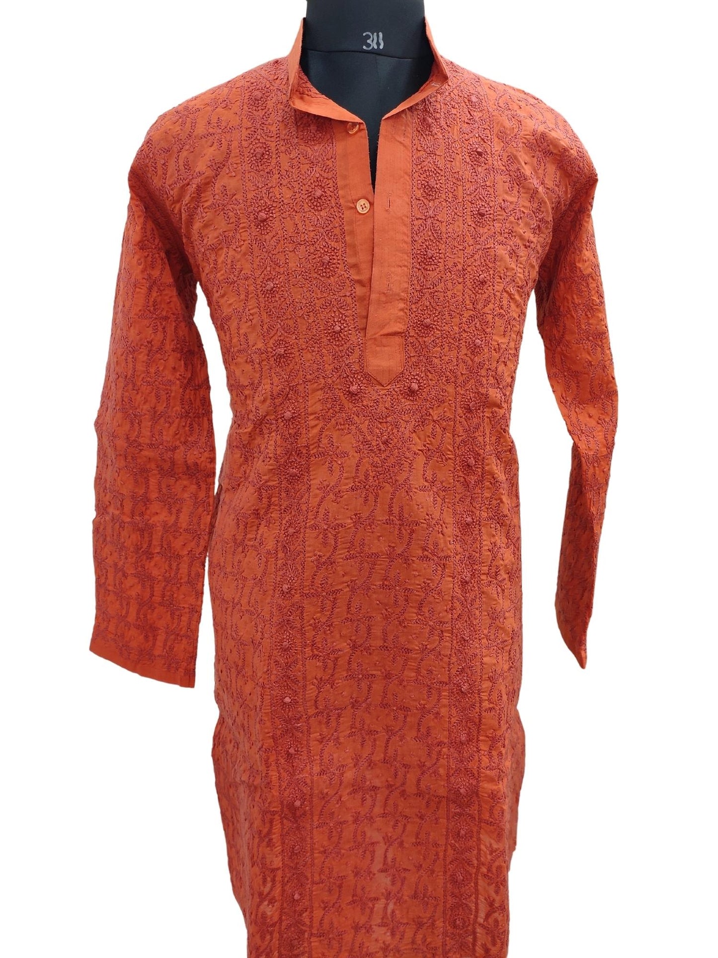 Shyamal Chikan Hand Embroidered Orange Cotton Lucknowi Chikankari All-Over Men's Kurta – S13131