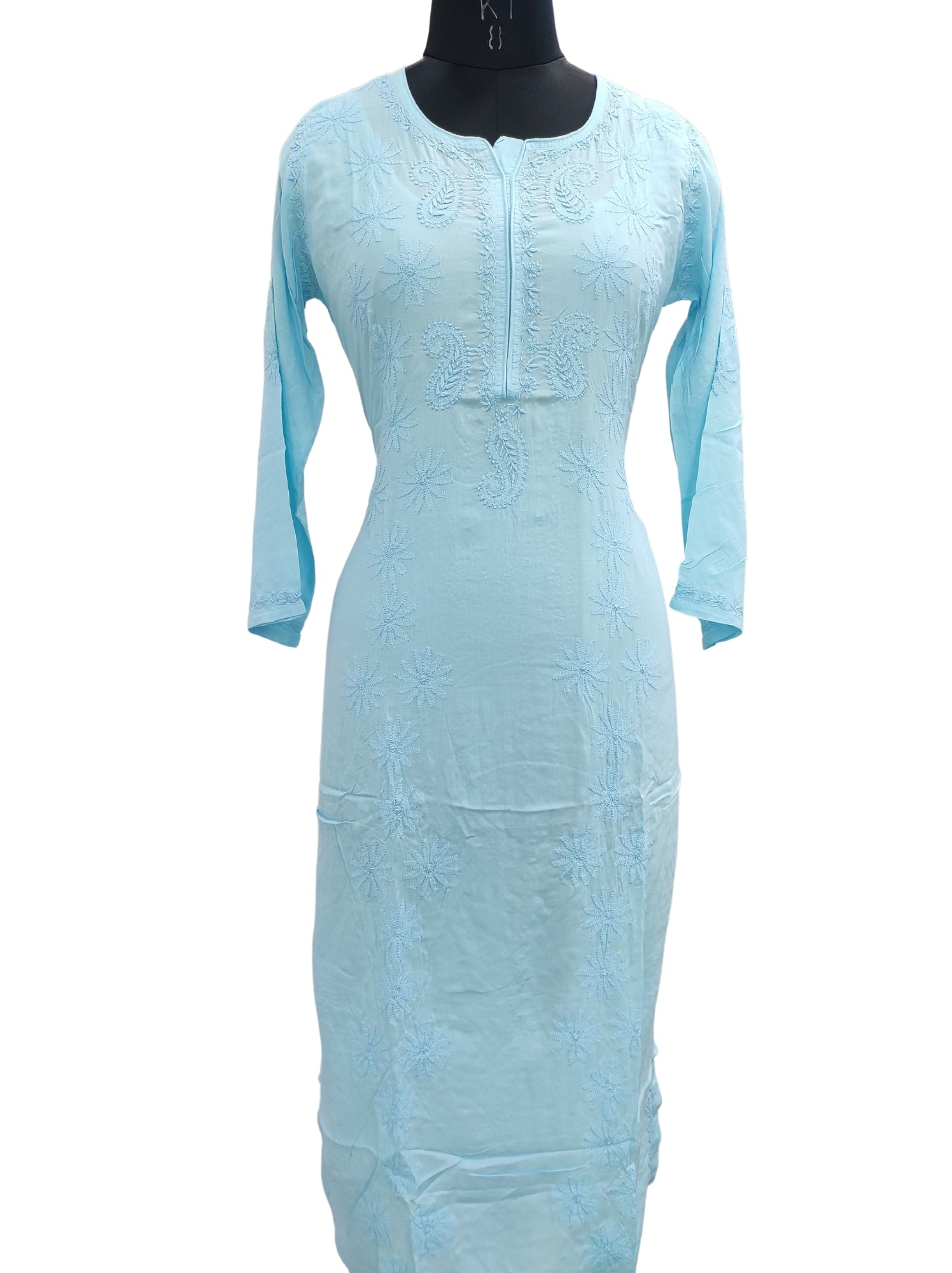 Shyamal Chikan Hand Embroidered Blue Modal Cotton Lucknowi Chikankari Kurti- S12601