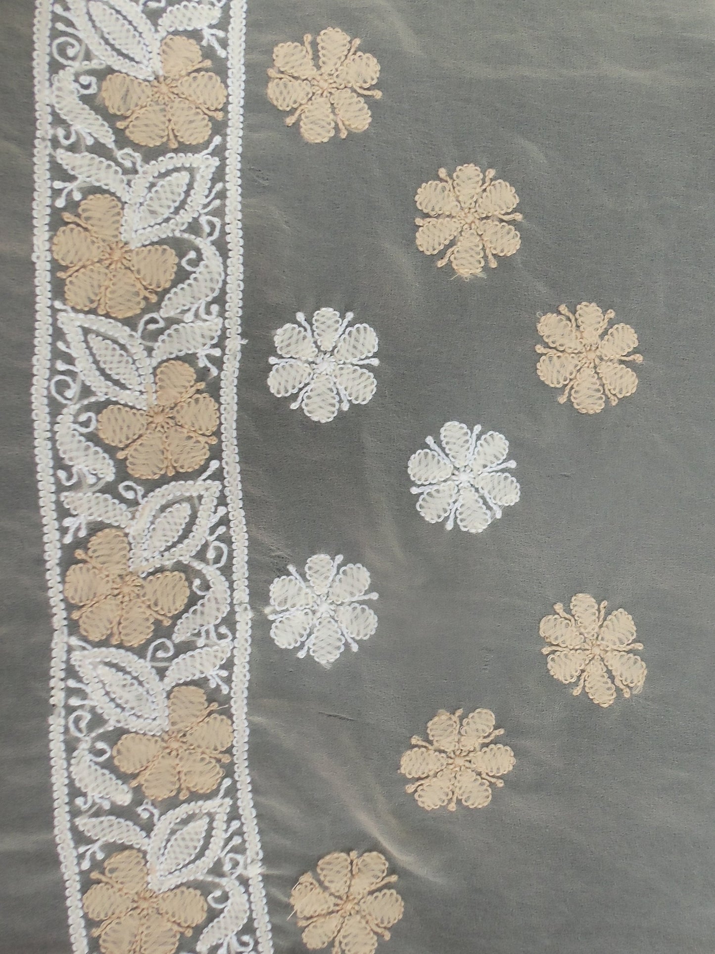 Shyamal Chikan Hand Embroidered Beige Georgette Lucknowi Chikankari Heavy Palla Saree With Blouse Piece - S5441