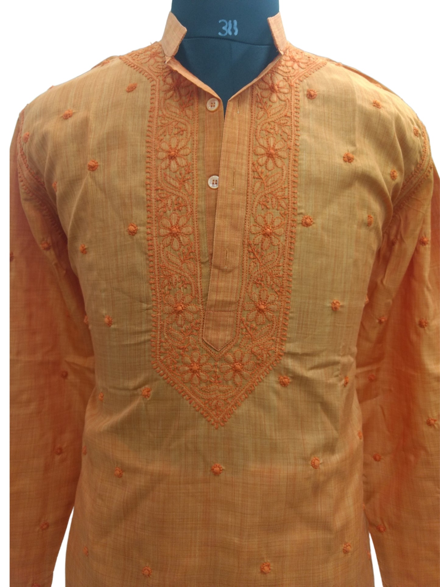 Shyamal Chikan Hand Embroidered Burnt Orange Cotton Lucknowi Chikankari Men's Kurta – S6858