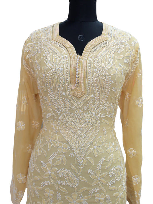 Shyamal Chikan Hand Embroidered Beige Georgette Lucknowi Chikankari Kurti - S427